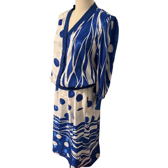 Anthony Sicari Vintage Two Piece Skirt Set Blue White Polka Dot USA Size 10 - Picture 2 of 15